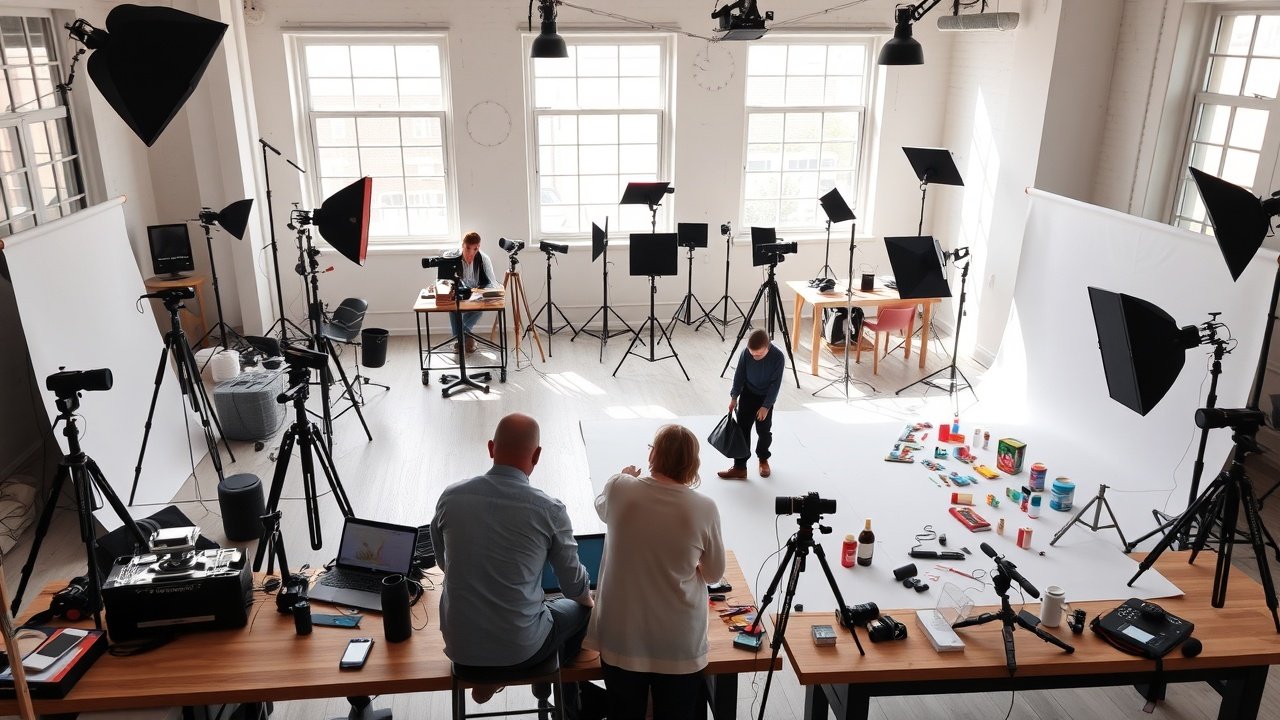 A bustling creative studio with photographers arranging vibrant product shots on white backgrounds, natural light streaming through large windows, cameras and lighting equipment scattered on wooden tables, evoking dynamic visual content creation., No infographics and no text