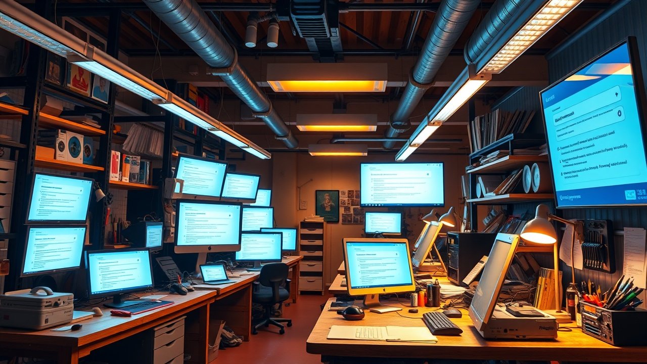 A bustling digital workshop with glowing screens displaying search results, tools scattered on wooden desks, warm overhead lighting illuminating focused workers., No infographics and no text
