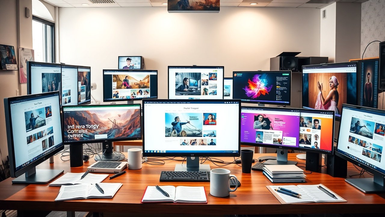 A bustling digital workspace with multiple computer screens displaying vibrant website layouts, soft overhead lighting illuminating scattered notebooks and coffee mugs on wooden desk., No infographics and no text