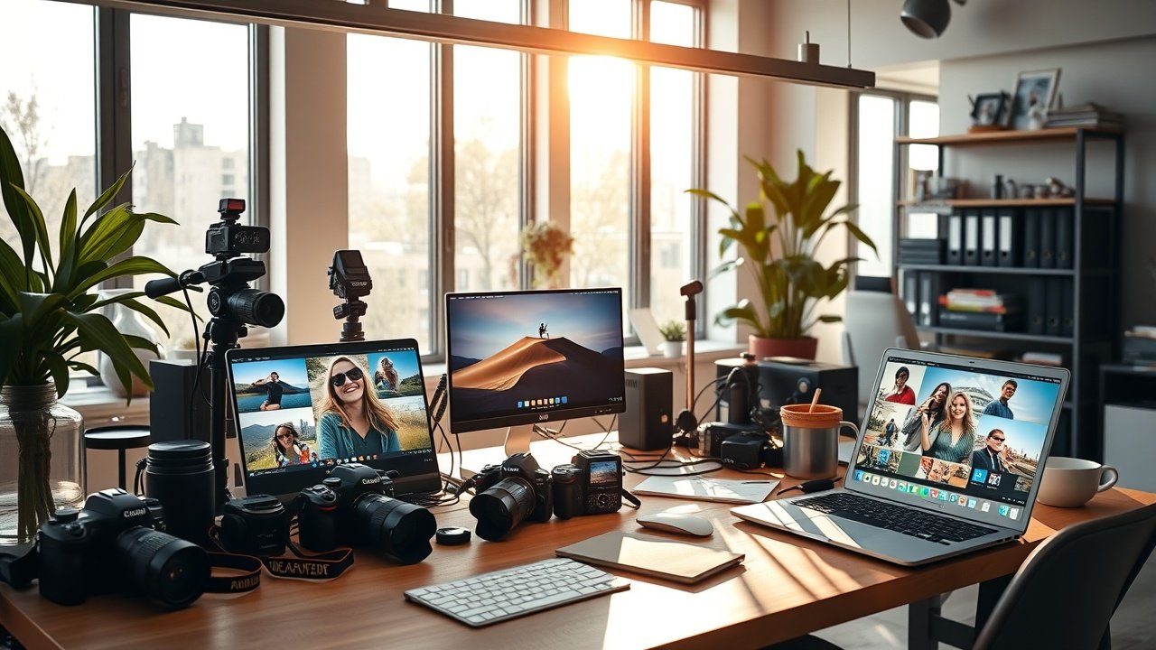 A bustling modern office desk cluttered with cameras, laptops displaying vibrant photos, soft natural light streaming through large windows, capturing creative energy., No infographics and no text