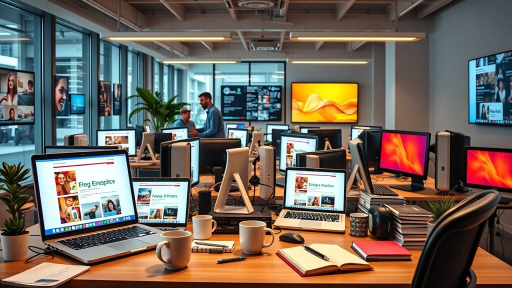 A bustling modern office desk cluttered with laptops displaying blog posts, coffee mugs, notebooks, and vibrant digital screens under warm overhead lighting., No infographics and no text