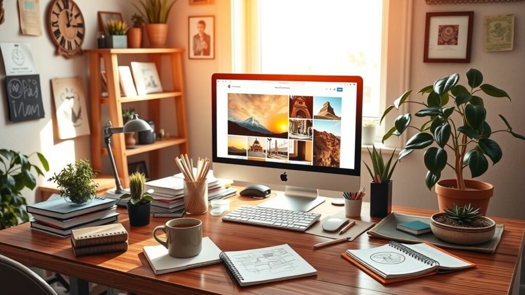 A cluttered wooden desk in a sunlit home office, featuring a large computer screen displaying vibrant blog images, scattered notebooks with sketches, coffee mug, and potted plants, warm natural light streaming through window., No infographics and no text