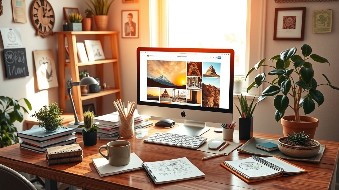 A cluttered wooden desk in a sunlit home office, featuring a large computer screen displaying vibrant blog images, scattered notebooks with sketches, coffee mug, and potted plants, warm natural light streaming through window., No infographics and no text