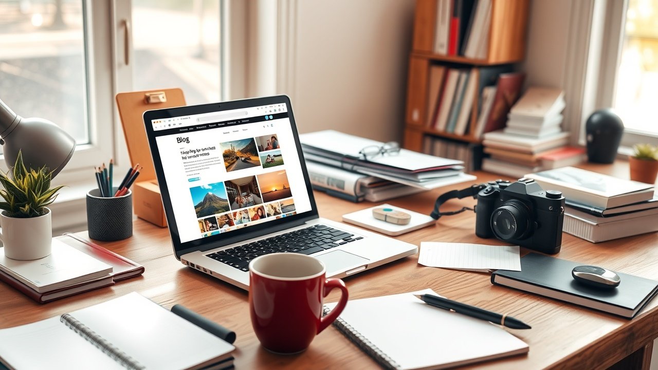 A cluttered wooden desk in a sunlit home office, laptop open to a colorful blog page with vibrant images, scattered notebooks, coffee mug, and camera nearby, warm natural light., No infographics and no text