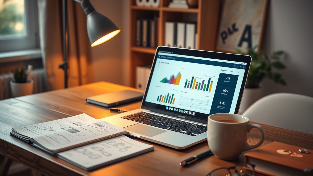 A laptop on a desk displaying colorful charts, next to a notebook with sketches and coffee mug in a cozy home office under warm lamp light., No infographics and no text