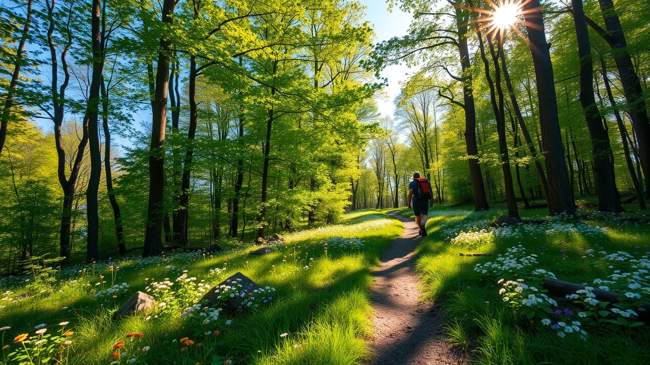 A serene forest path lined with wildflowers, sunlight filtering through green leaves, a hiker in the distance carrying a backpack under clear blue sky., No infographics and no text