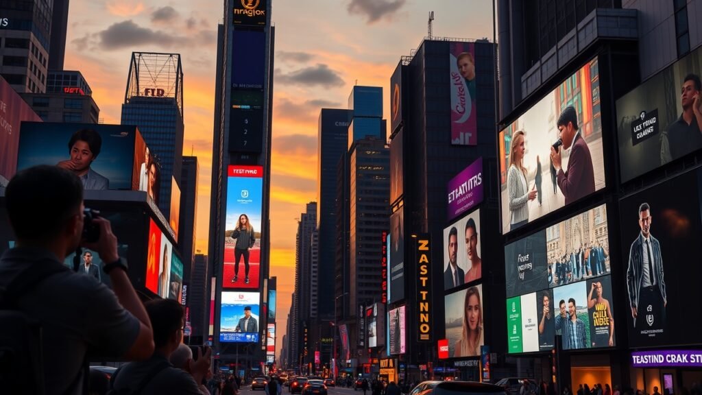 A vibrant cityscape at dusk with glowing digital billboards displaying colorful images, photographers capturing scenes, and data streams overlaying the skyline, under warm golden lighting., No infographics and no text