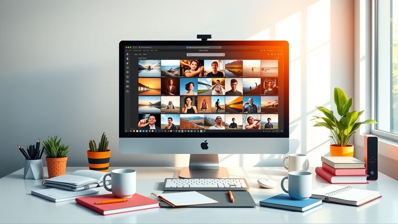 A vibrant digital workspace with a large computer screen displaying colorful image thumbnails, surrounded by scattered notebooks, coffee mugs, and soft natural window light illuminating the scene., No infographics and no text