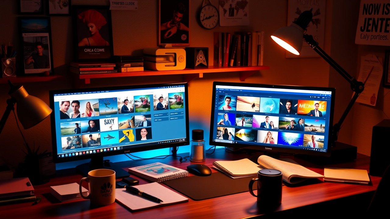 A vibrant digital workspace with glowing computer screens displaying colorful image thumbnails, scattered notebooks, and a coffee mug under warm desk lamp lighting., No infographics and no text