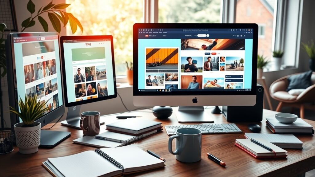 A vibrant digital workspace with glowing computer screens displaying colorful blog images, soft natural light filtering through large windows, scattered notebooks and coffee mugs on wooden desk., No infographics and no text