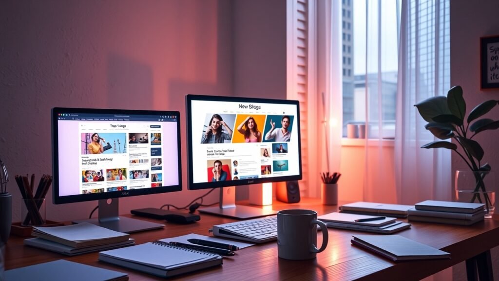 A vibrant digital workspace with glowing screens displaying colorful blog images, soft natural light filtering through window, scattered notebooks and coffee mug on wooden desk., No infographics and no text