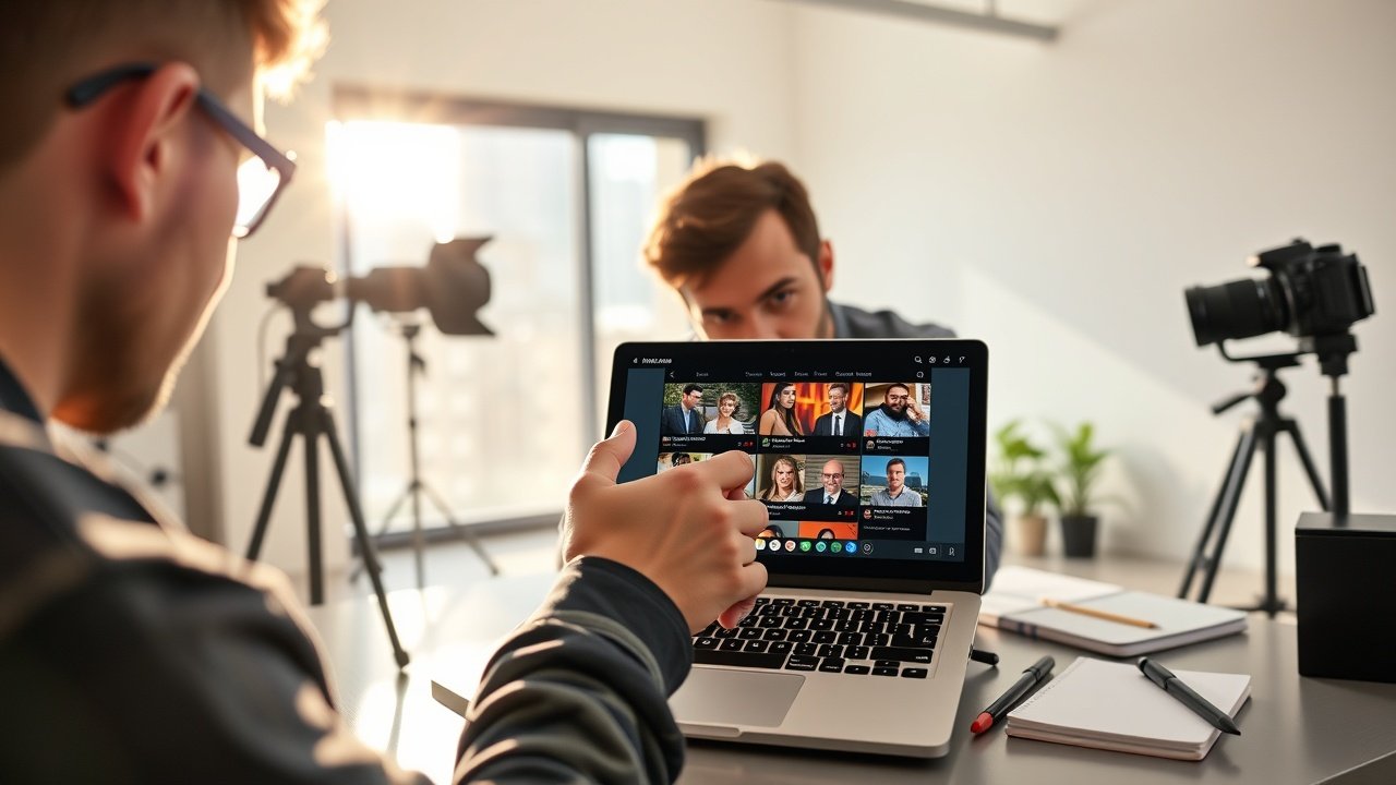 A vibrant photographer capturing a laptop screen displaying colorful website images in a sunlit modern studio, surrounded by camera equipment and notebooks., No infographics and no text