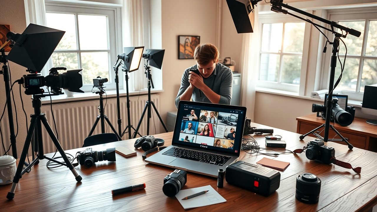 A vibrant studio setup with a photographer adjusting lights around a laptop displaying colorful website images, soft natural light filtering through windows, wooden desk cluttered with cameras and notes., No infographics and no text