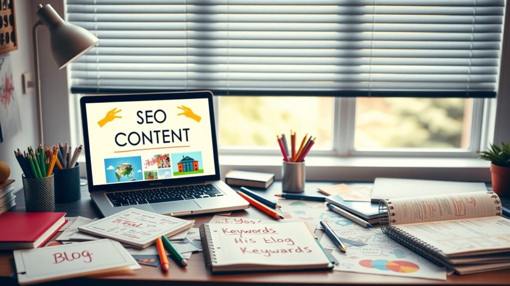 A vibrant workspace desk cluttered with notebooks, colorful sketches of blog images, a laptop screen displaying SEO keywords, soft natural light filtering through window blinds, evoking creative content strategy., No infographics and no text