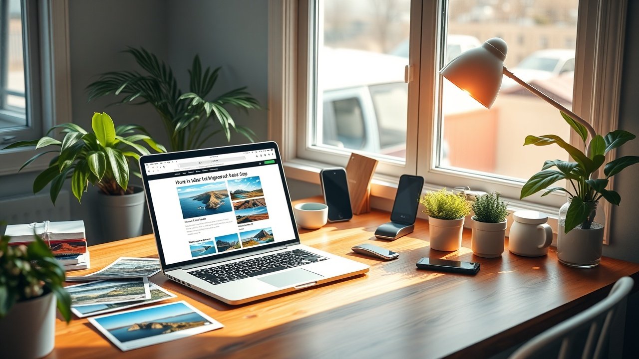 A vibrant workspace desk with laptop displaying a blog post, scattered high-quality photos of landscapes and products, soft natural light from window, wooden table, green plants nearby., No infographics and no text