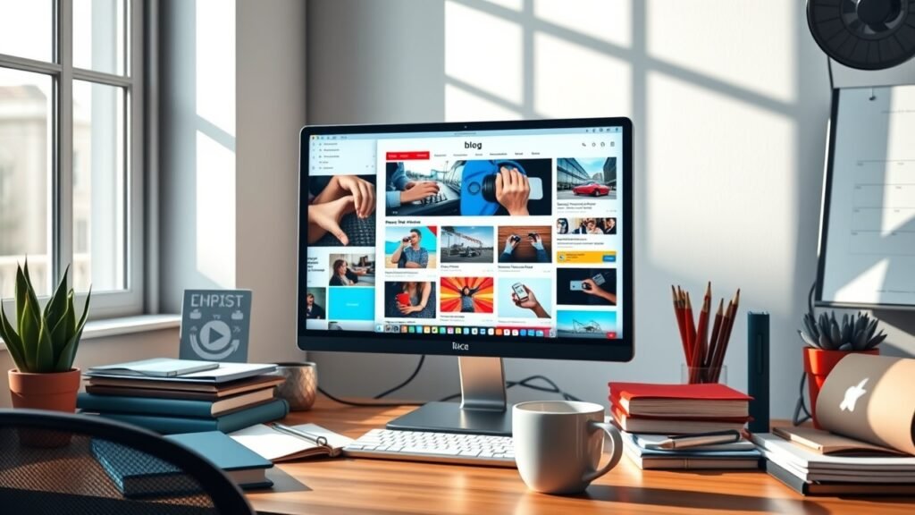 A vibrant workspace with a large computer screen displaying colorful blog images, surrounded by notebooks, coffee mug, and natural window light illuminating the scene., No infographics and no text