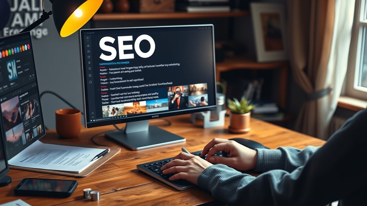 A writer at a wooden desk typing on a keyboard, screen showing SEO keywords and image thumbnails, warm lamp light illuminating the workspace., No infographics and no text