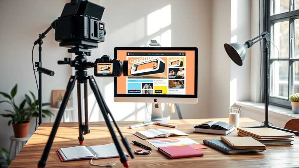 Bright studio setup with camera on tripod capturing vibrant blog graphics on large monitor, natural light streaming through window, scattered notebooks and color swatches on wooden desk., No infographics and no text