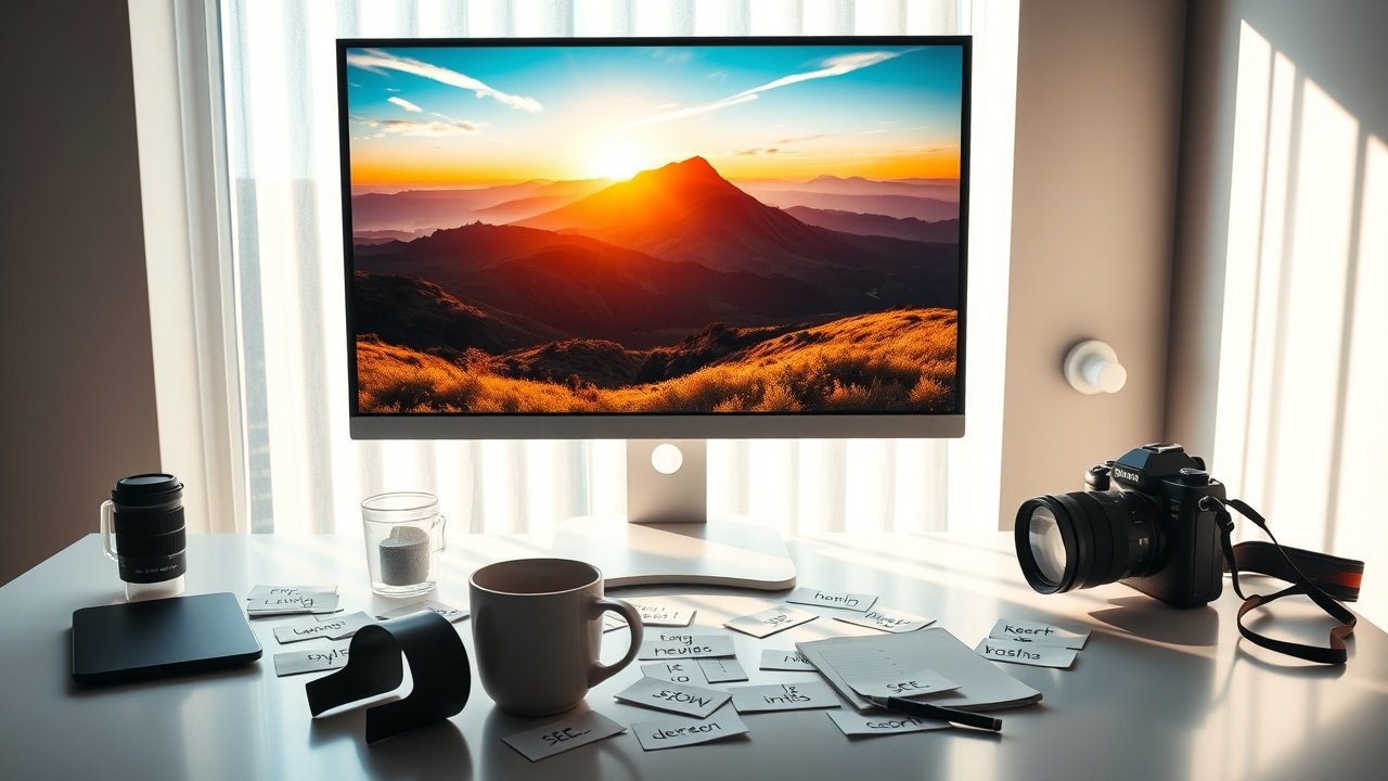 Brightly lit modern office desk with computer displaying vibrant landscape photo, scattered SEO keyword notes, professional camera, and coffee mug in soft morning sunlight., No infographics and no text