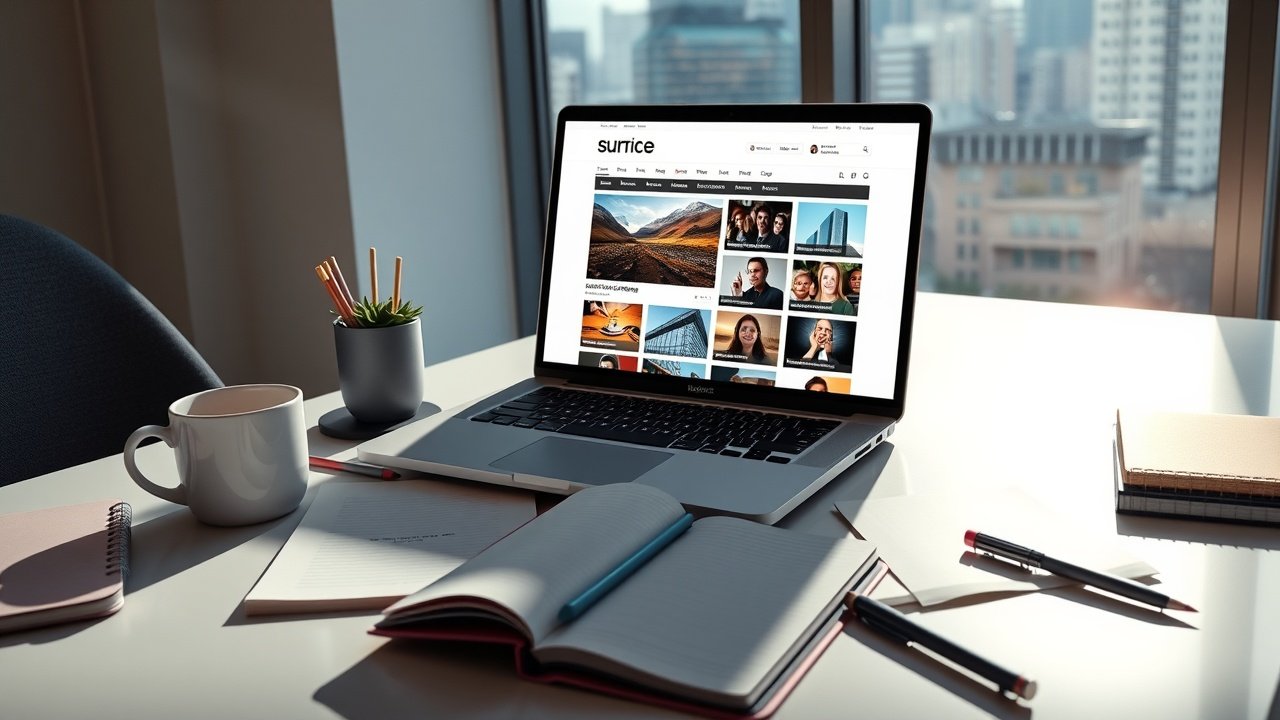 Brightly lit modern office desk with open laptop showing colorful blog images, scattered notebooks, coffee mug, and window view of cityscape, evoking creative content planning., No infographics and no text
