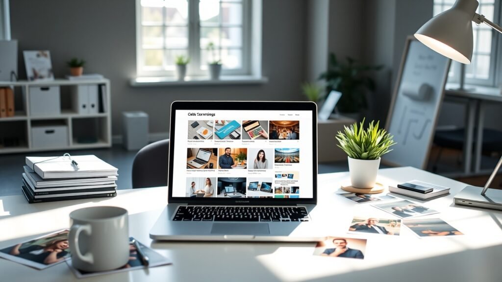Brightly lit modern office desk with open laptop displaying colorful blog images, scattered stock photos, coffee mug, natural window light, professional atmosphere., No infographics and no text