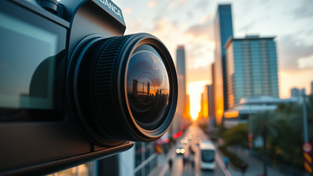 Close-up of a digital camera lens focusing on a colorful city skyline at dusk, golden hour lighting, reflections on glass buildings, bustling street below with blurred pedestrians., No infographics and no text
