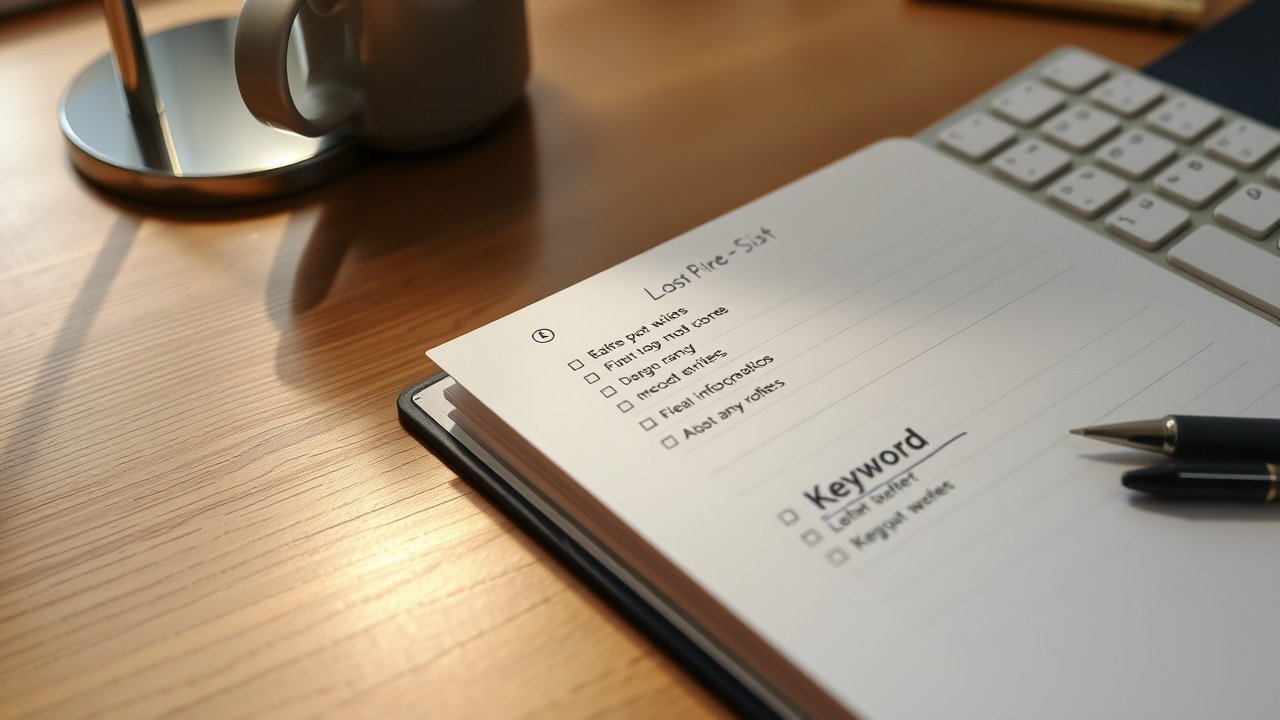 Close-up of a keyboard and notebook with keyword lists under desk lamp light, coffee mug nearby, soft shadows on wooden surface., No infographics and no text