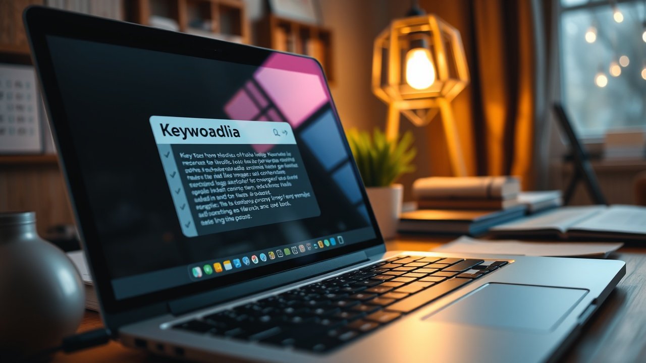Close-up of a laptop screen displaying keyword-optimized image metadata in a cozy home office, warm lamp light illuminating keyboard and notes., No infographics and no text