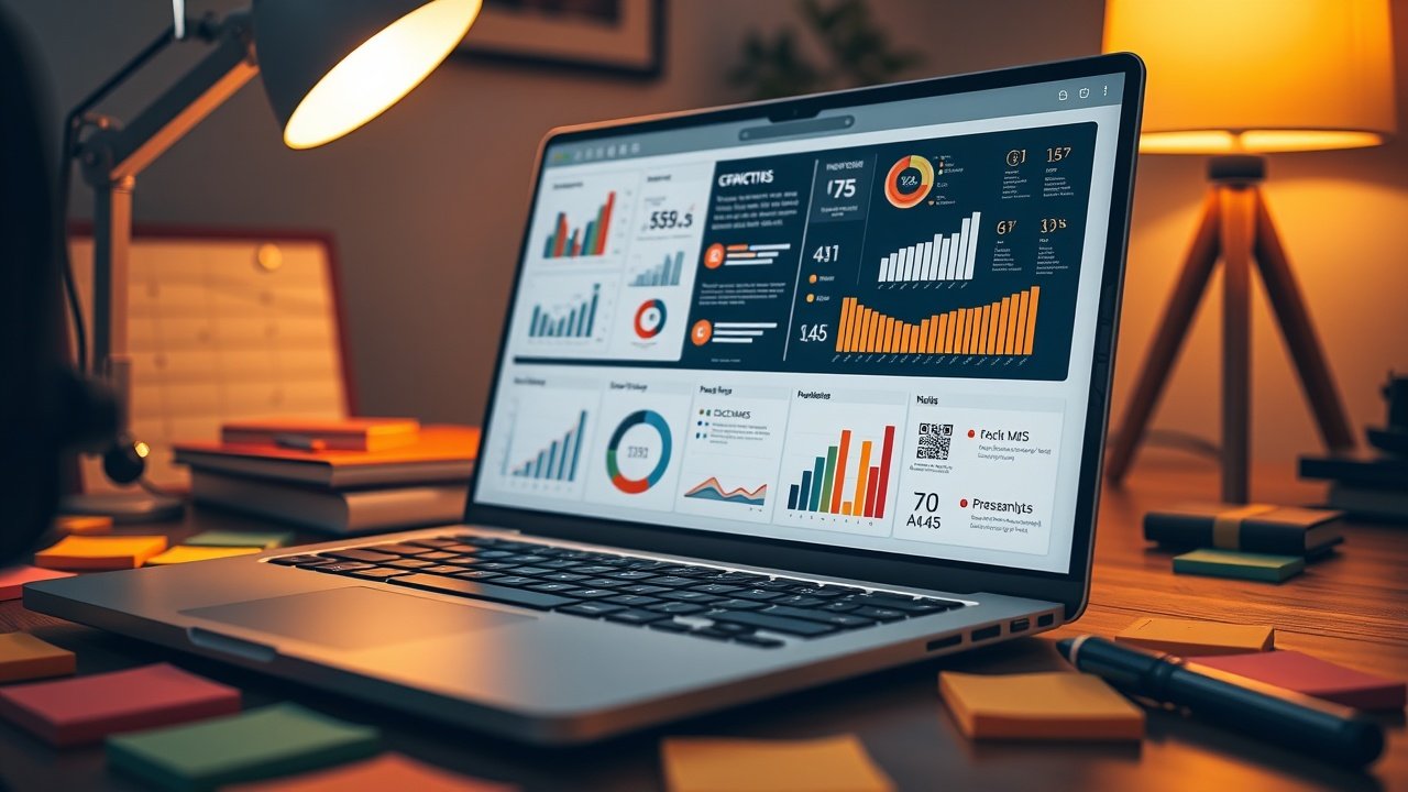 Close-up of a laptop screen showing a detailed infographic with charts and icons, warm desk lamp illuminating keyboard, scattered colorful sticky notes around, cozy office corner., No infographics and no text