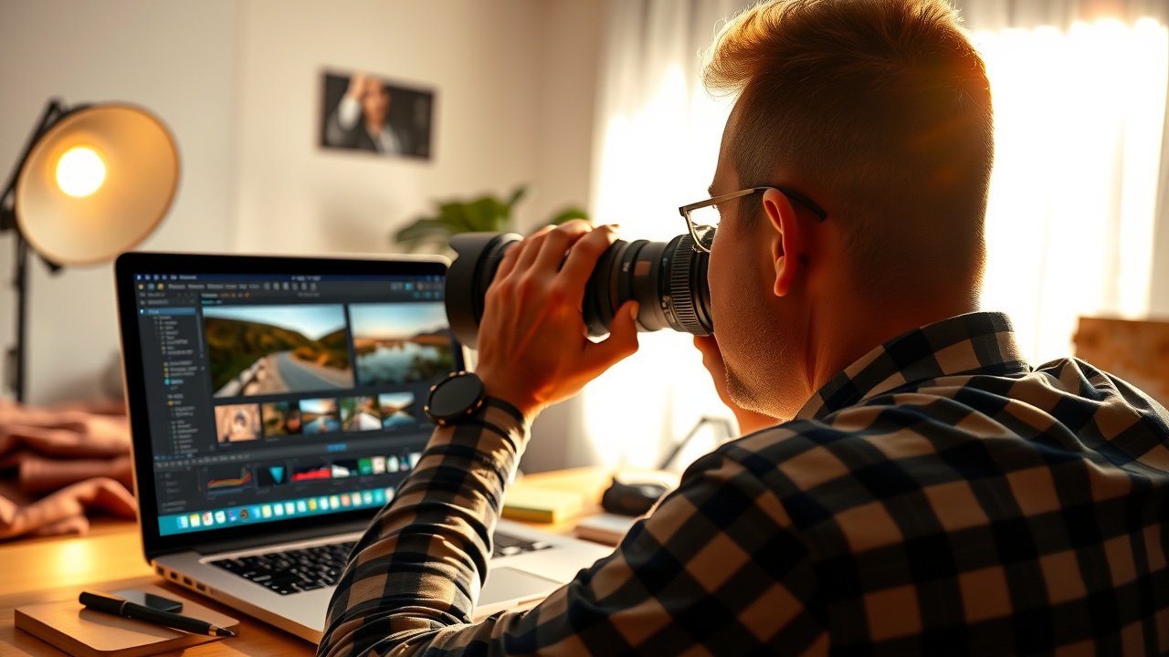 Close-up of a photographer adjusting camera lens in a sunlit studio, focused on a laptop screen showing image editing software, warm ambient lighting highlighting tools and fabrics., No infographics and no text