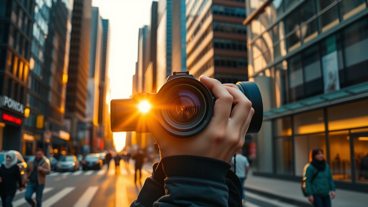 Close-up of a photographer adjusting camera lens in a bustling city street at golden hour, capturing urban skyline reflections on glass buildings, dynamic shadows., No infographics and no text