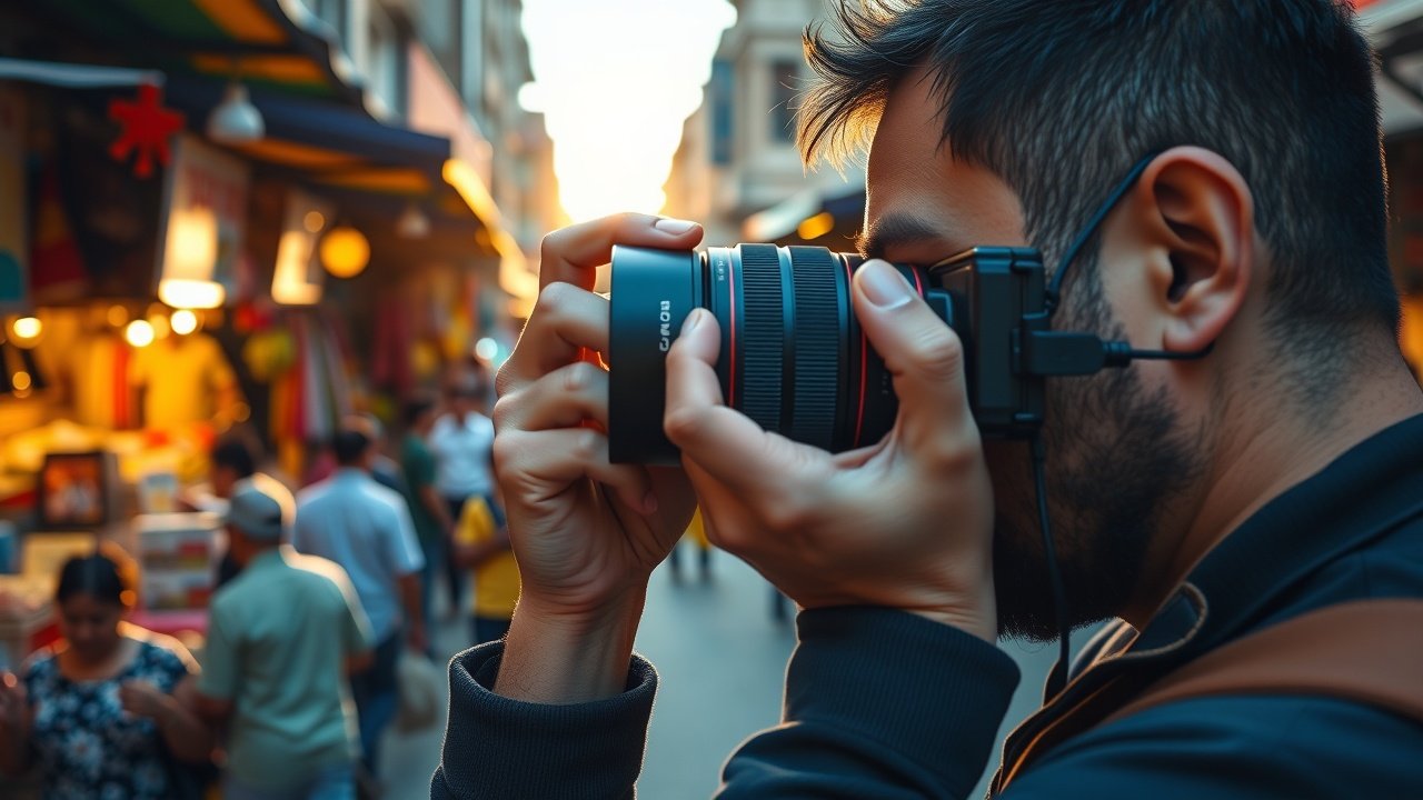 Close-up of a photographer adjusting camera lens in a bustling urban street, capturing colorful market stalls and diverse crowds under golden hour sunlight., No infographics and no text