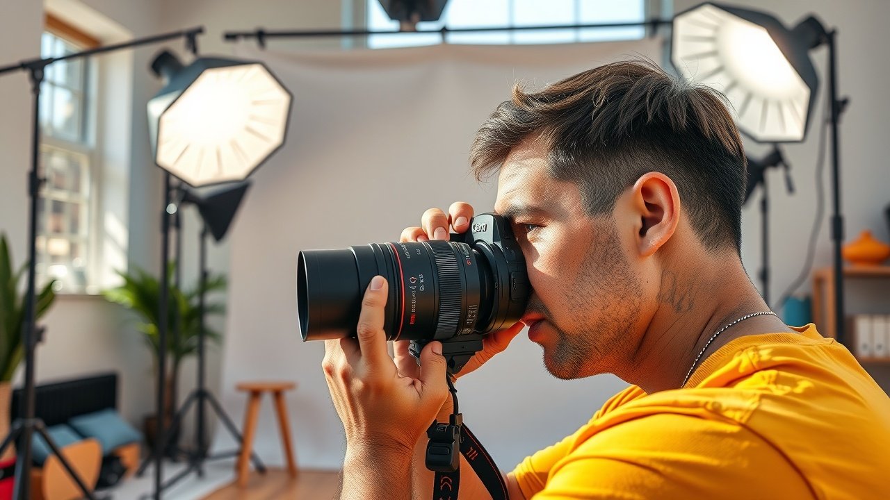 Close-up of a photographer adjusting camera lens in a sunlit studio, surrounded by colorful props and softbox lights illuminating a blank canvas backdrop., No infographics and no text