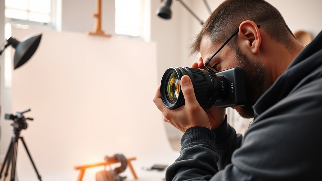 Close-up of a photographer adjusting camera lens in a sunlit studio, focusing on a blank canvas, with soft shadows and equipment scattered around., No infographics and no text