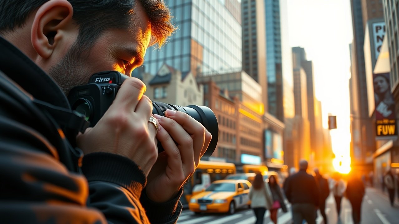 Close-up of a photographer adjusting camera lens in a bustling urban street at golden hour, capturing dynamic city life with skyscrapers and pedestrians in sharp focus., No infographics and no text