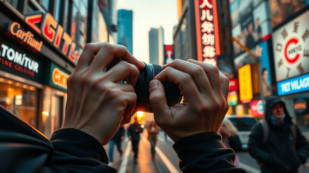 Close-up of a photographer adjusting camera lens in a bustling urban street at golden hour, capturing sharp details of passing pedestrians and neon signs., No infographics and no text