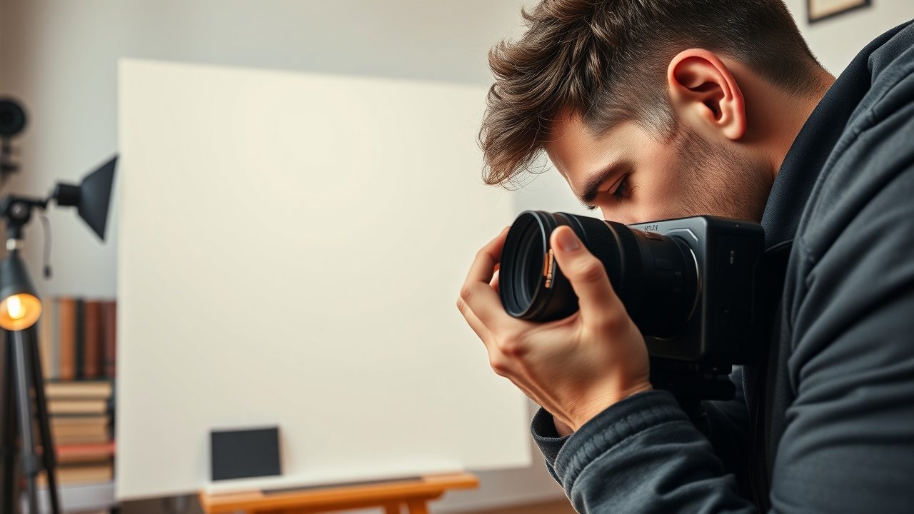 Close-up of a photographer adjusting camera lens in a sunlit studio, focusing on a blank canvas with SEO keywords subtly overlaid on surrounding props like books and lights., No infographics and no text
