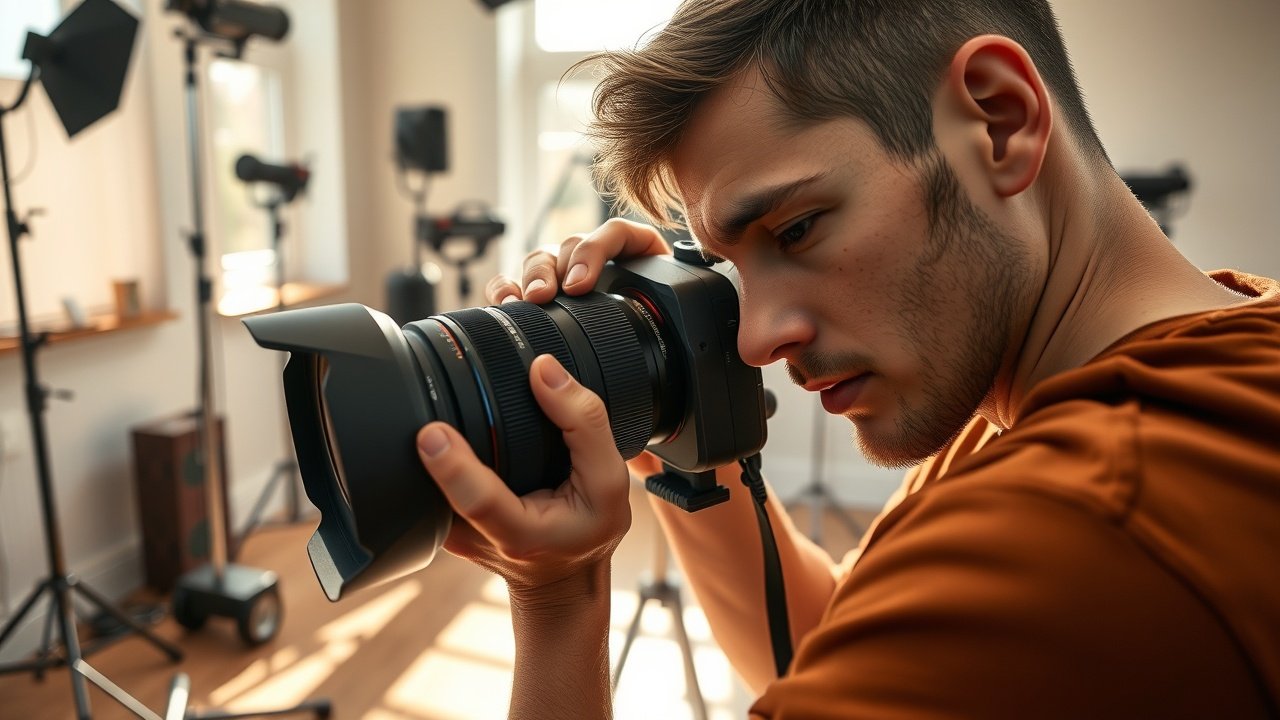 Close-up of a photographer adjusting camera lens in a sunlit studio, surrounded by props and lighting equipment, focused expression on face, soft shadows on wooden floor., No infographics and no text