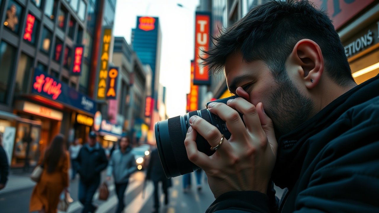 Close-up of a photographer adjusting camera lens in a bustling urban street at dusk, capturing sharp details of passing pedestrians and neon signs., No infographics and no text