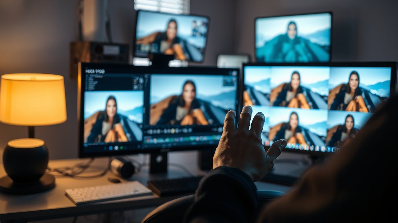 Close-up of a professional editor adjusting photo lighting on a computer in a dimly lit office, with multiple screens showing optimized images., No infographics and no text