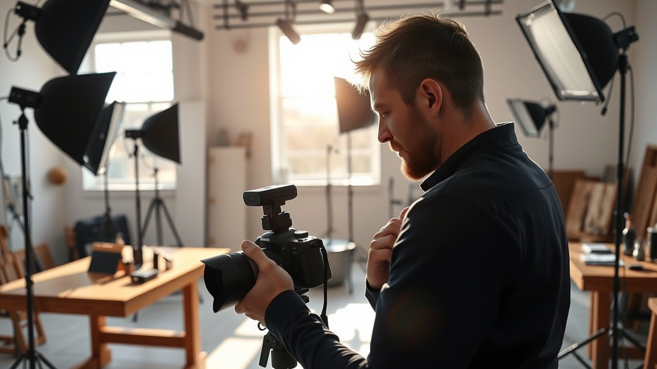 Close-up of a professional photographer adjusting camera settings in a sunlit studio, surrounded by lighting equipment and props on wooden tables., No infographics and no text