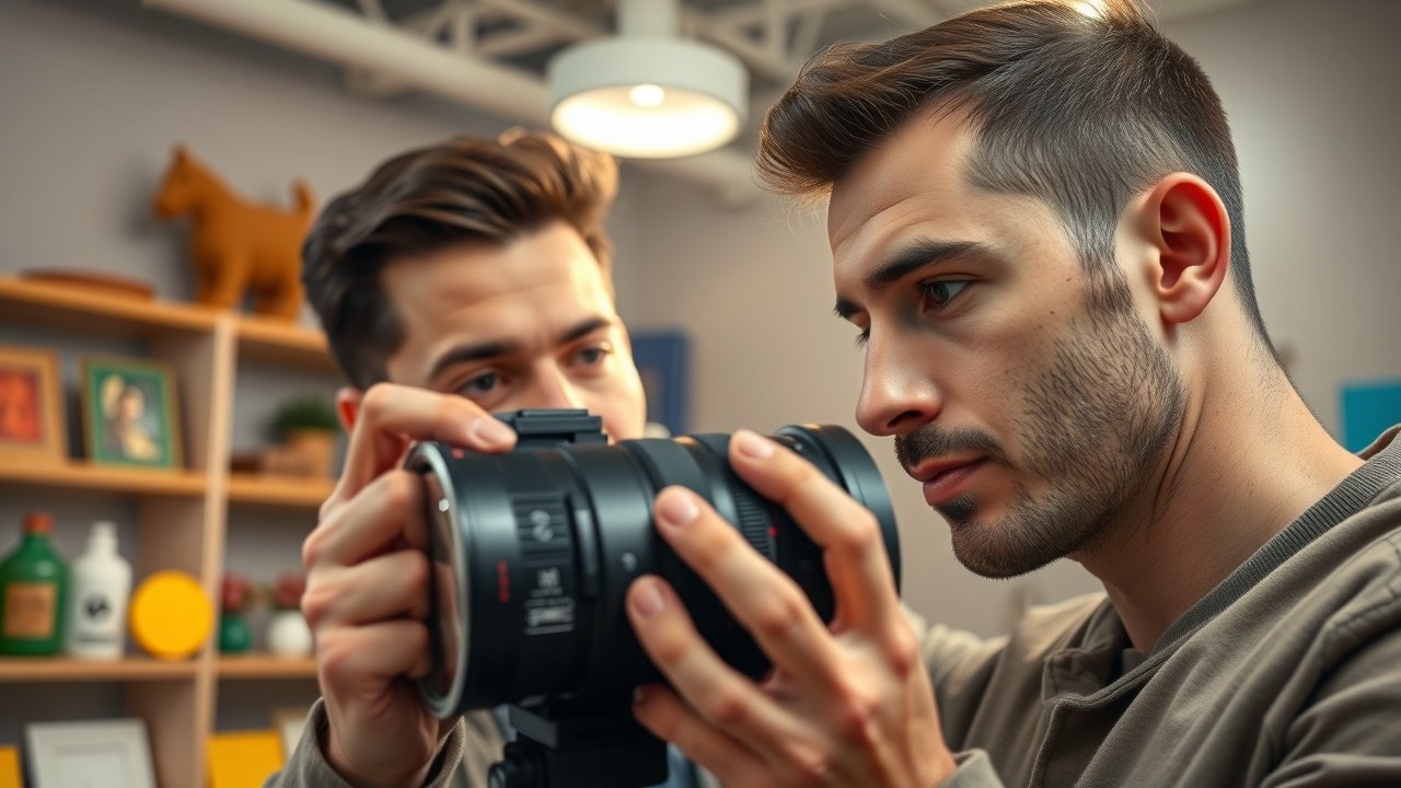 Close-up of a professional photographer adjusting camera lens in a modern studio, soft overhead lighting illuminating colorful props and backdrops on shelves, focused expression on face., No infographics and no text