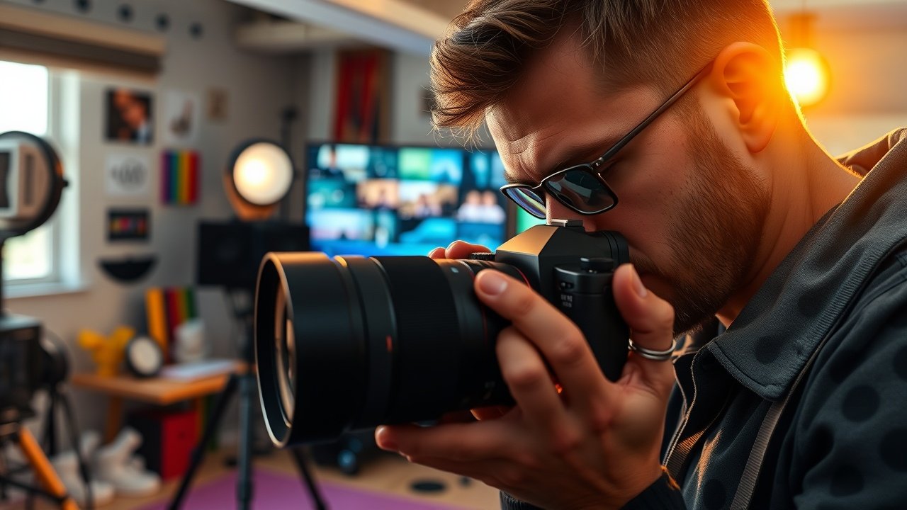 Close-up of a professional photographer adjusting camera lens in a sunlit studio, surrounded by colorful props and editing screens glowing with images., No infographics and no text