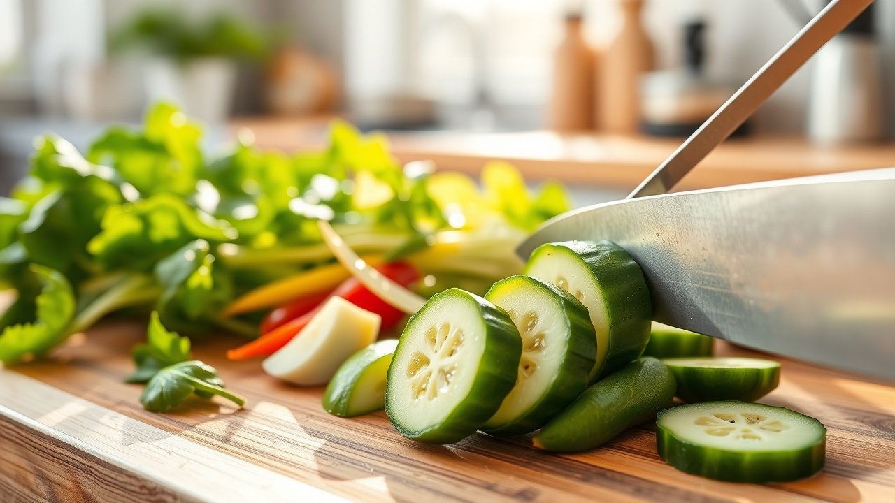 Close-up of fresh green vegetables on wooden cutting board in sunlit kitchen, knife slicing cucumber, water droplets glistening., No infographics and no text