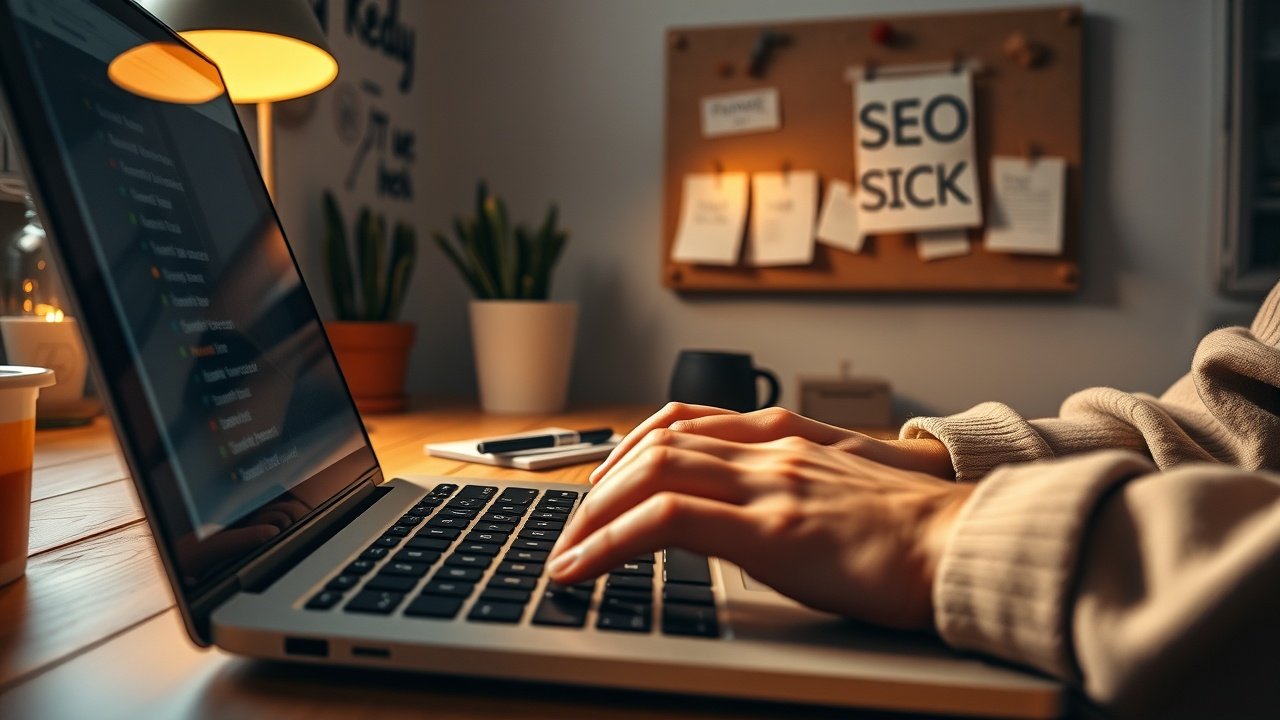 Close-up of hands typing on a laptop keyboard in a cozy home office, warm lamp light casting shadows on SEO keyword notes pinned to a corkboard nearby., No infographics and no text
