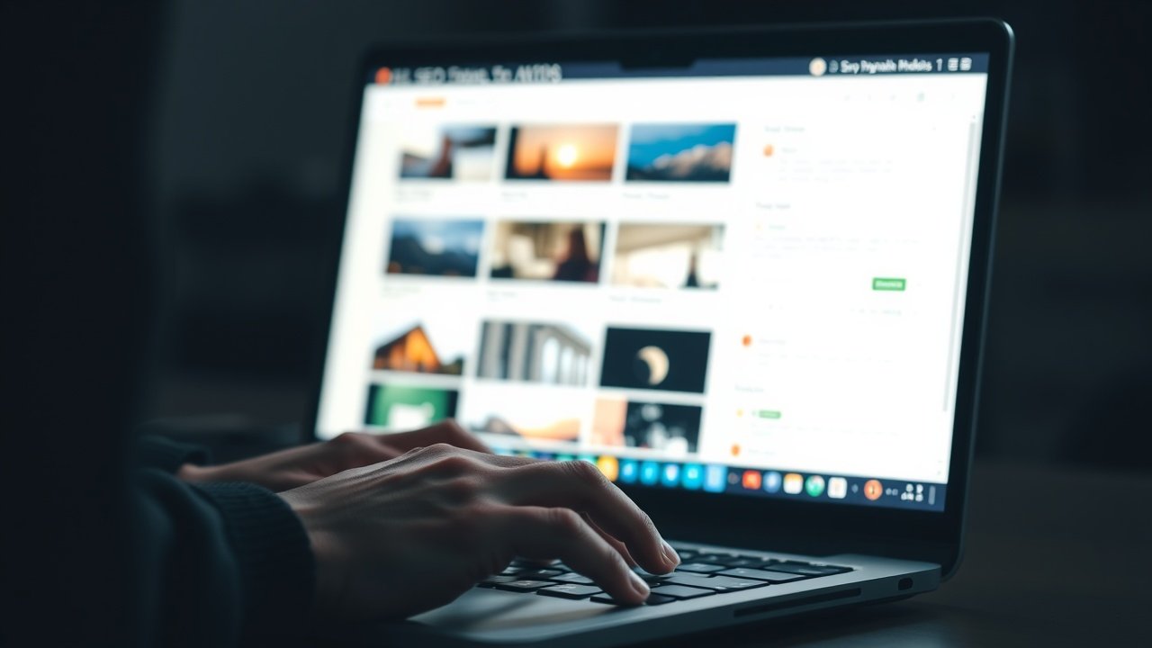 Close-up of hands typing on keyboard in dimly lit room, screen glowing with SEO keyword highlights and image thumbnails, focused intensity., No infographics and no text