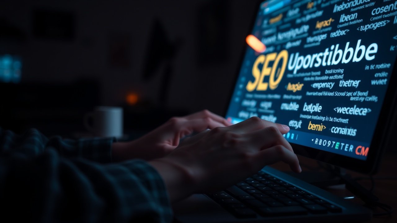 Close-up of hands typing on keyboard in dimly lit room, screen glowing with SEO keyword highlights, focused workspace ambiance., No infographics and no text