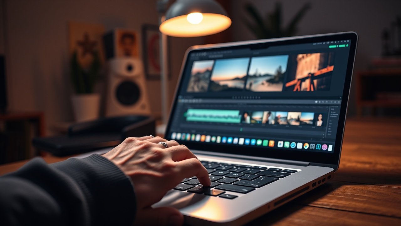 Close-up of hands typing on laptop keyboard in cozy workspace, screen displaying photo editing software with vibrant images, warm desk lamp illuminating wooden table., No infographics and no text