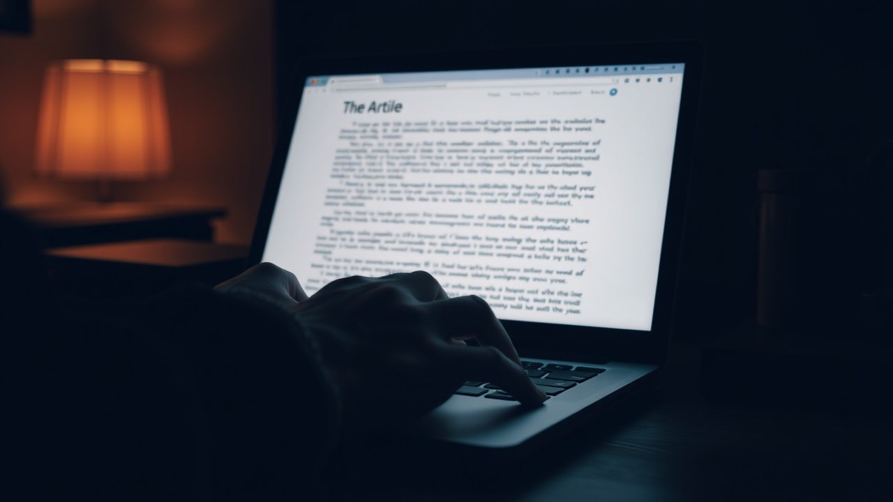 Close-up of hands typing on laptop keyboard in dimly lit room, screen glowing with article text, focused atmosphere with shadows on desk., No infographics and no text