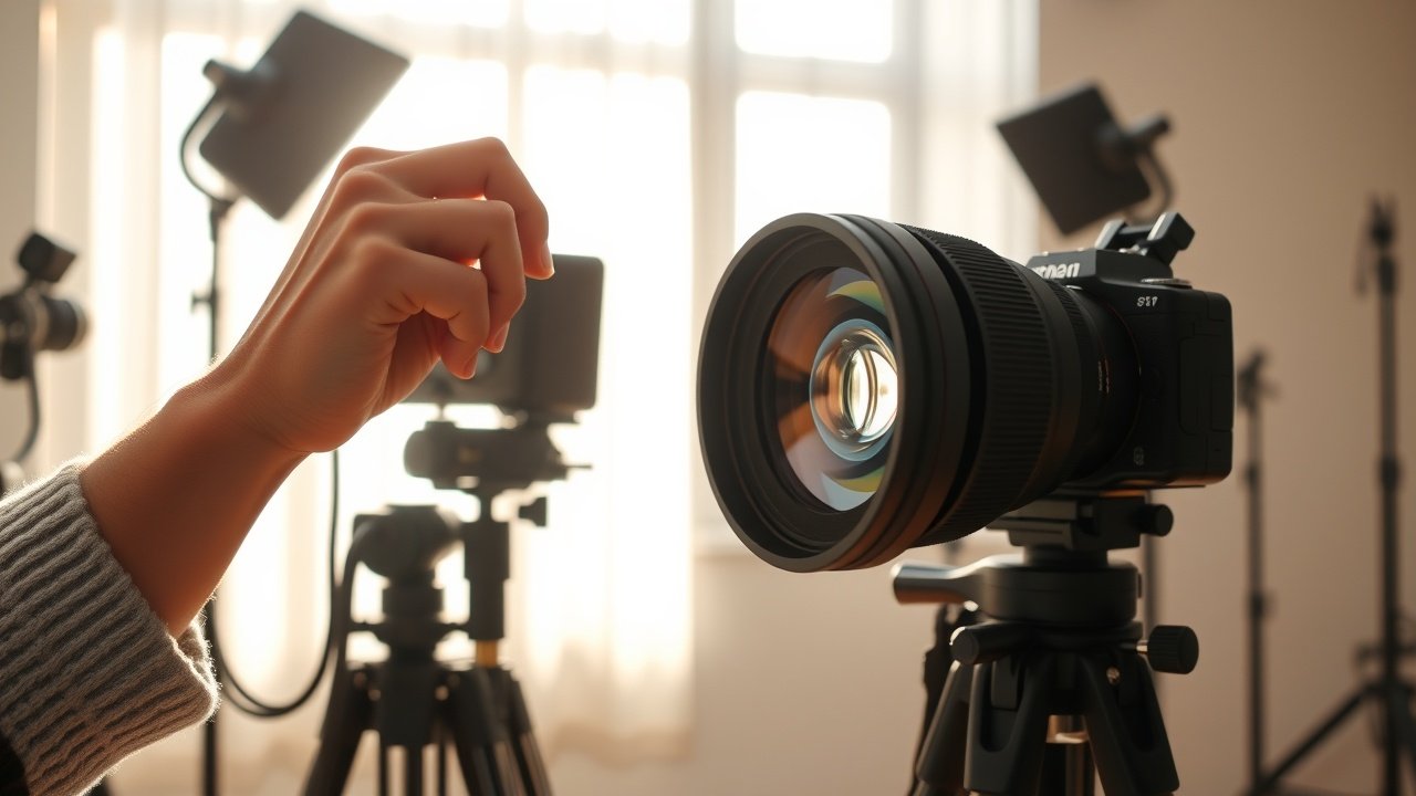 Close-up of photographer adjusting camera lens in sunlit studio, focusing on product shot with soft shadows and detailed textures, tripod and lights visible., No infographics and no text